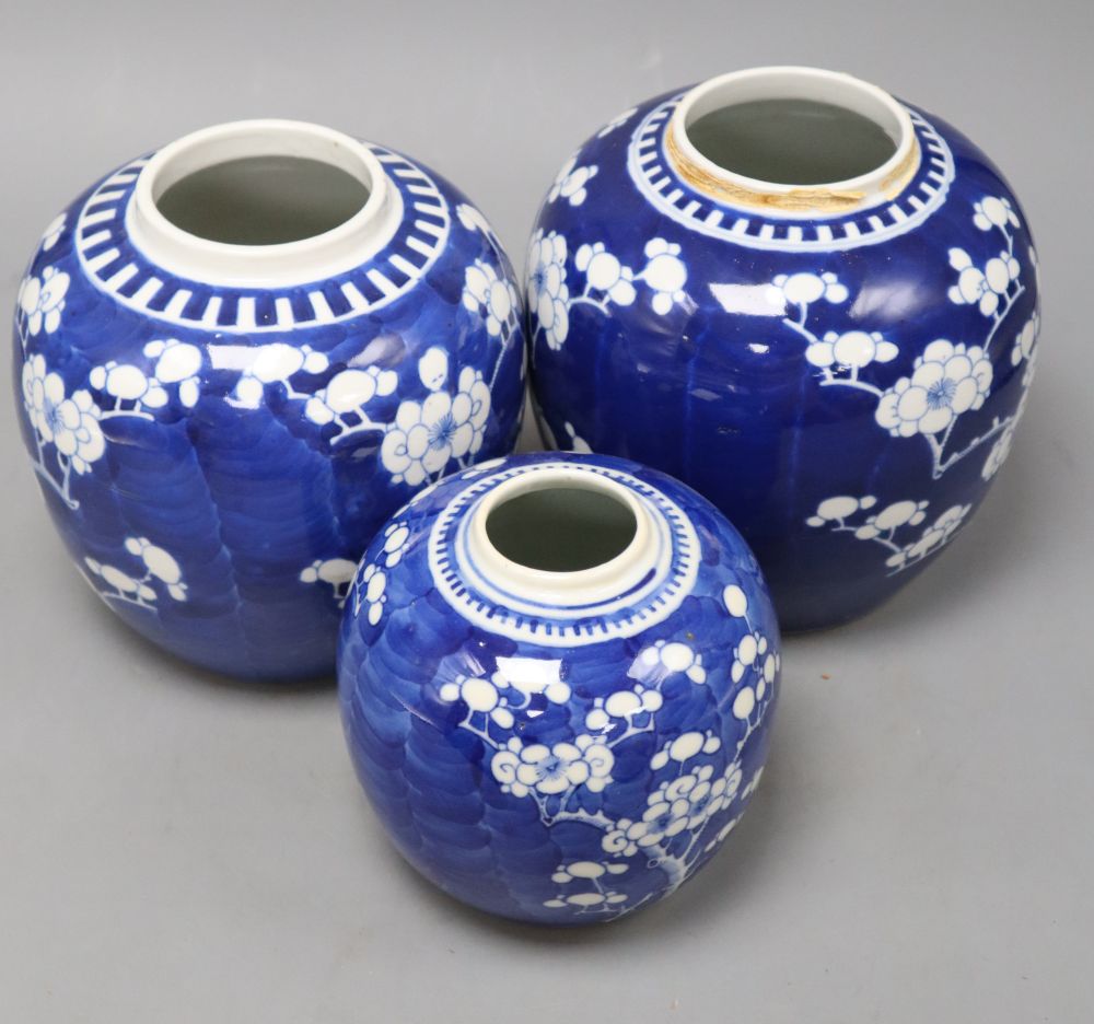 Three Chinese blue and white prunus jars, one with apocryphal kangxi mark